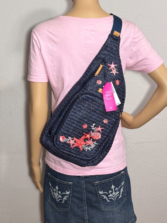 Vera Bradley Sling Backpack in Straw Navy Blue Sea Life NWT main image 8